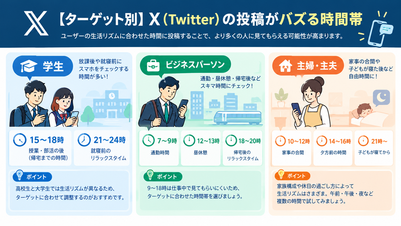 【ターゲット別】X（Twitter）の投稿がバズる時間帯
