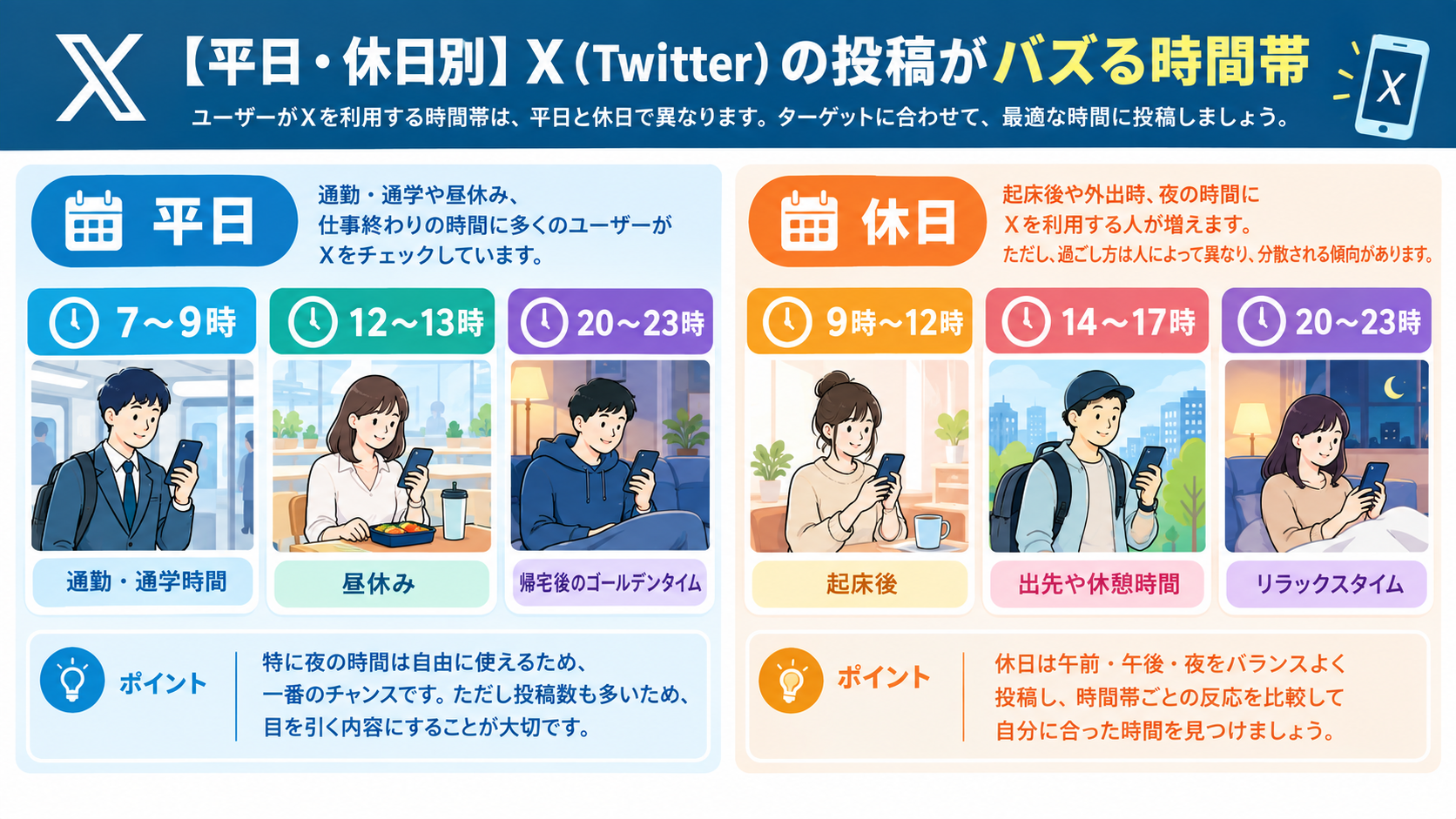 【平日・休日別】X（Twitter）の投稿がバズる時間帯